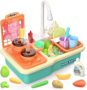 CUTE STONE Pretend Play Kitchen Sink Toys, Electric Dishwasher Playing Toy with Running Water, Upgraded Faucet, Automatic Water Cycle System Play House Cleaning Playset