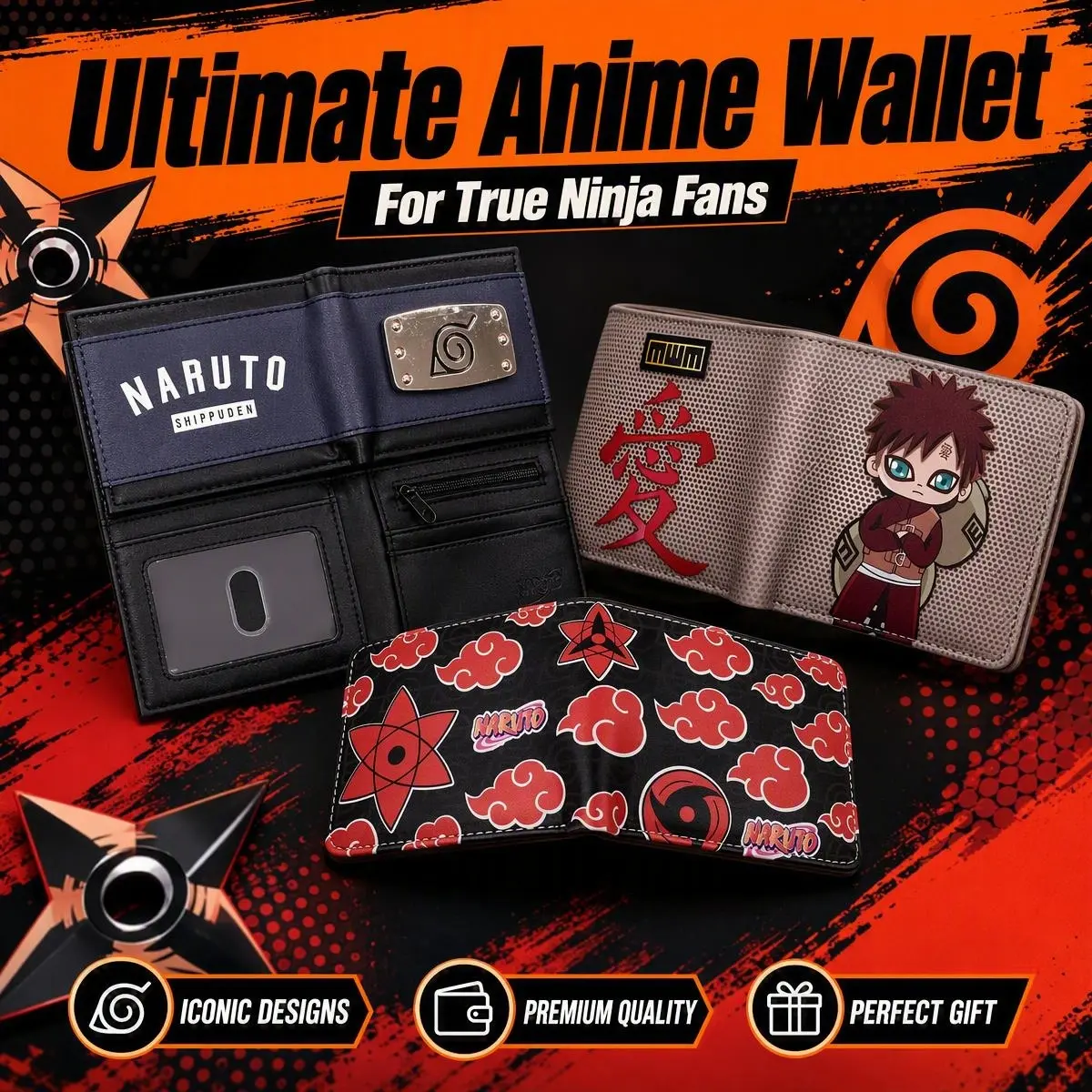 Naruto Anime Metal Patch Bifold Wallet Multi Style Akatsuki Red Cloud Hidden Leaf Village Logo PU Leather Card Coin Purse Foldable Handheld Bag Creative Graduation Gift For Anime Fans And Students