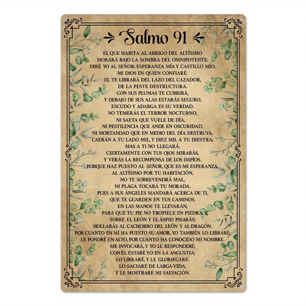 [Vintage Metal Iron Wall Art Deco] 1 count, Spain vintage metal iron signage, Salmo 91, wall art deco for family farmhouse living room, 7.8 x 11.8 inch gift