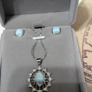 Blue Larimar Necklace and Earrings Set - Stainless Steel with Blue Larimar Stones and Silver Chain