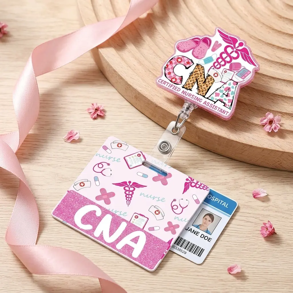 Cute Pink CNA Nurse ID Badge Holder - Retractable Medical Reel with Swivel Clip, Badge Buddy for Certified Nursing Assistants, Id Badge Holders Retractable, Medical Badge Reel