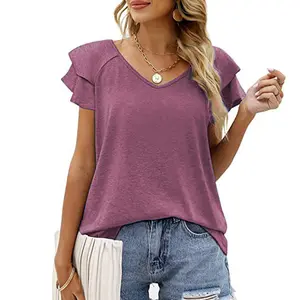 V-Neck Double Layer Ruffle Sleeve Loose Solid Color T-Shirt, Summer Elegant Casual Women's Top