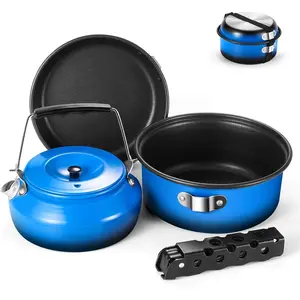 5pcs Camping Cookware Non-Stick Camping Pot and Pan Set with Kettle and Removable Handle  Hiking Backpacking and Picnic