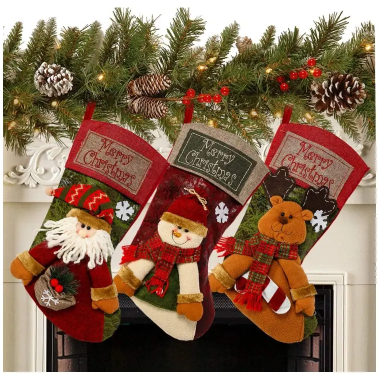 3PCS 18" Christmas Stocking Classic Large Stockings Christmas Stocking Santa, Snowman, Reindeer Xmas Character for Family Holiday Christmas Party Decorations