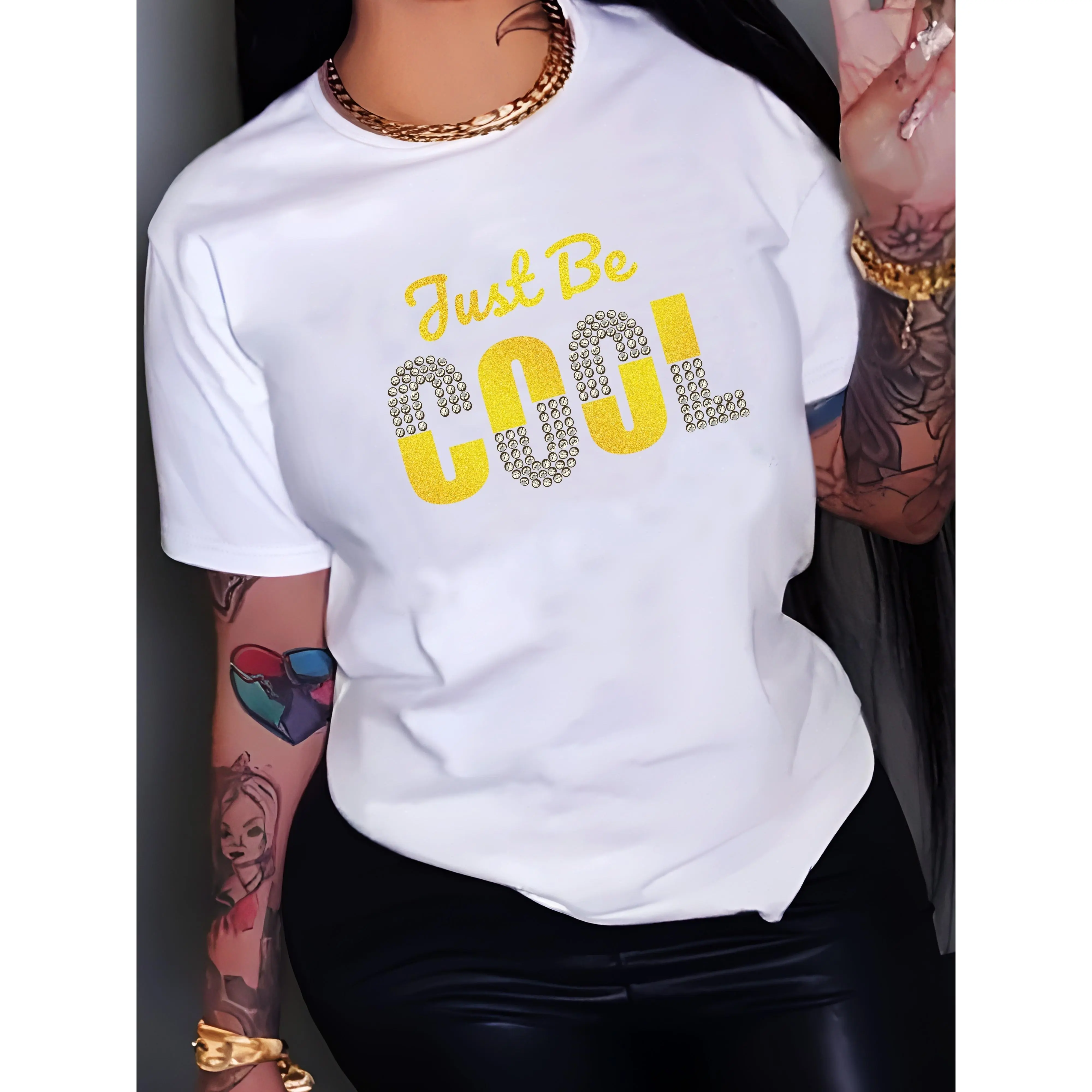 Women's 'Just Be Cool' Graphic T-Shirt, Classic 100% Cotton Top with Short Sleeves and Crew Neck, Soft Breathable Fabric for Summer Casual Wear, Tshirt, Women's Clothes, Heat Transfer, Machine Wash, Lady, Graphic Print, All Seasons, Do Not Bleach