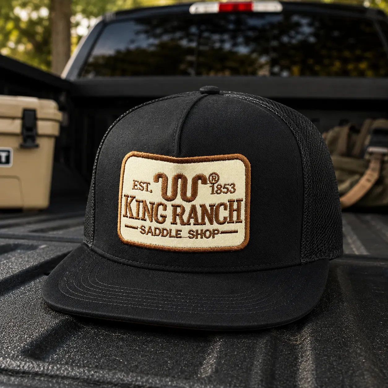 King Ranch Saddle Shop Embroidered Trucker Hat, Black Mesh Snapback Cap for Men, Western Ranch Style Flat Bill Hat, Country Cowboy Outdoor Hat Gift for Him