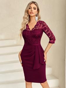 Miusol Women's Wine Red Retro V-Neck Floral Ruffle 3/4-Sleeve Zip Lace-Accented Chic Minimalist Elegant Formal Wear - Womens Dresses, Lace Party Dresses, Wedding Guest Workwear