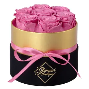 Lasting Beauty Round Black Gold Box | 7 Pink Roses Decor Decorative