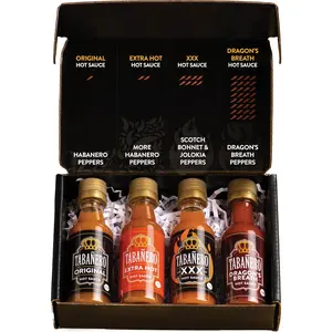 Tabañero Challenge Box, Hot Sauce Gift Set, 4 Pack, Original, Extra, XXX Hot and Dragon's Breath, 1.7 oz Mini Glass Bottles, Gluten Free, All Natural, Low Sodium, Vegan, Kosher, Made in the USA