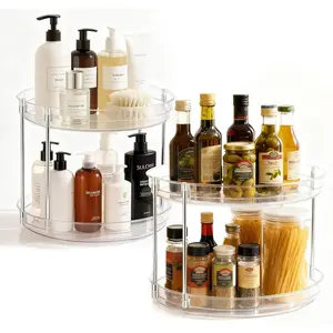 2-Pack 2-Tier Clear Lazy Susan Turntable Organizer, 9.5" Rotating Spice Rack for Kitchen Cabinet, Countertop Tray for Bathroom & Vanity to Organize Makeup, Perfume and Jewelry