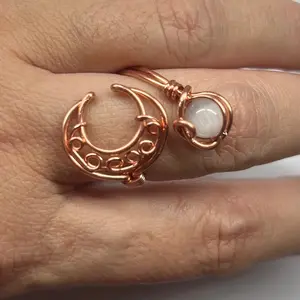 Wire Moon & Crystal Bead Ring, pure copper or stainless steel. Slightly adjustable, dm size