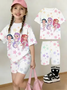 Girls' Huntrax Idol Theme Short Sleeve Shorts Set, Q Version Gradient Star Pattern, Soft Cute Casual Wear for School and Leisure, Fashion Clothes Set