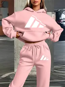 Women's Hooded Sweatshirt Set, Fall Winter Warm Sport Style, Vintage Sports Fashion Elements, Street Casual Design, Jogger Pants Included, Athleisure Sportswear Set