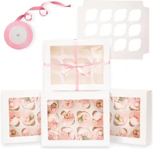 12 Cupcake Containers 20-Packs White Cupcake Box Cupcakes Carrier, 12 Cupcake Boxes with Window 13"x10"x3.5"Auto-pop up