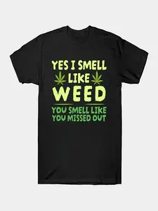 Men'S Relaxed Fit T-Shirt Featuring a Soft And Breathable Design, Perfect for Summer.It Showcases a Leaf Graphic Along with The Humorous Slogan 'Yes I Smell Like Weed' in Neon Green on a Black Background.This Machine Washable Tee Is a Trendy Gift