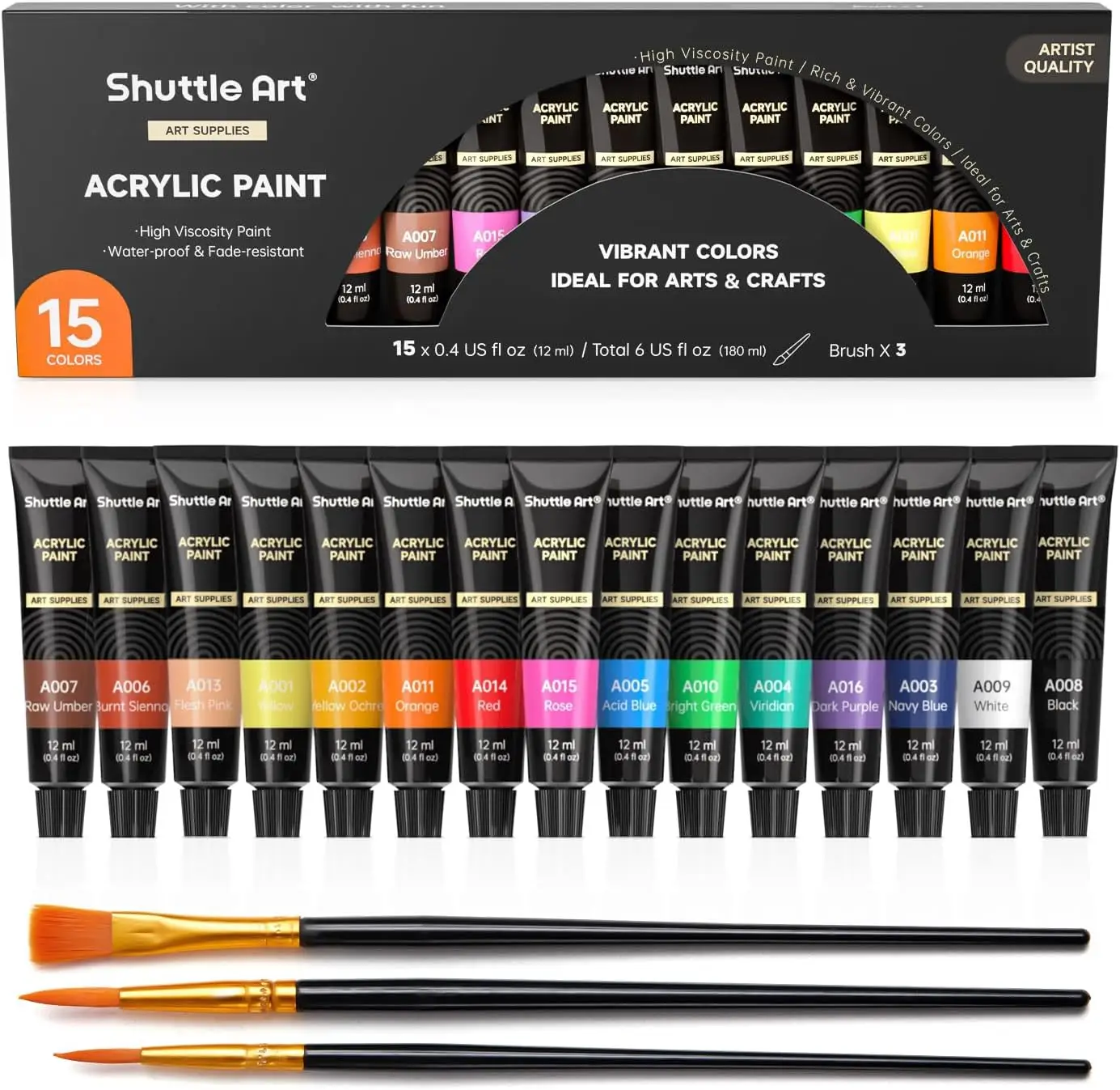 Shuttle Art Acrylic Paint Set, 15 x 12ml Tubes Artist Quality Non Toxic Rich Pigments Colors Perfect for Adults Beginners Artists Painting on Canvas W