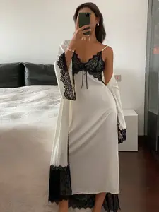 Women Long Lace Robe Sleepwear Set Summer Nightgown for Home Breathable Soft