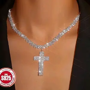 S925 Sterling Silver Multi-Layer Synthetic Zirconia Cross Pendant Necklace - Hypoallergenic Fashion for Women's Creative Designs