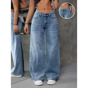 Women's Loose Wide Leg V-Shaped Low Waist Denim Pants Jeans With Pockets