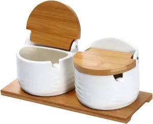 Ceramic Sugar Bowl with Lids and Spoons-Porcelain Condiment Container Spice Jar,Salt Cellar for Kitchen,with Chalkboard Labels,8.8 fl oz 260ML