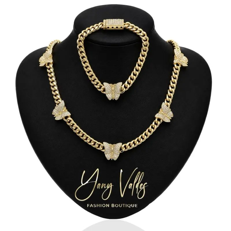 14K Gold Tone Butterfly Chain & Bracelet Set | Monaco Zirconia Clasp | 6mm