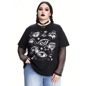 Goth Women's Plus Size Gothic Eye Print Short Sleeve Loose Fit T-Shirt for Casual Halloween
