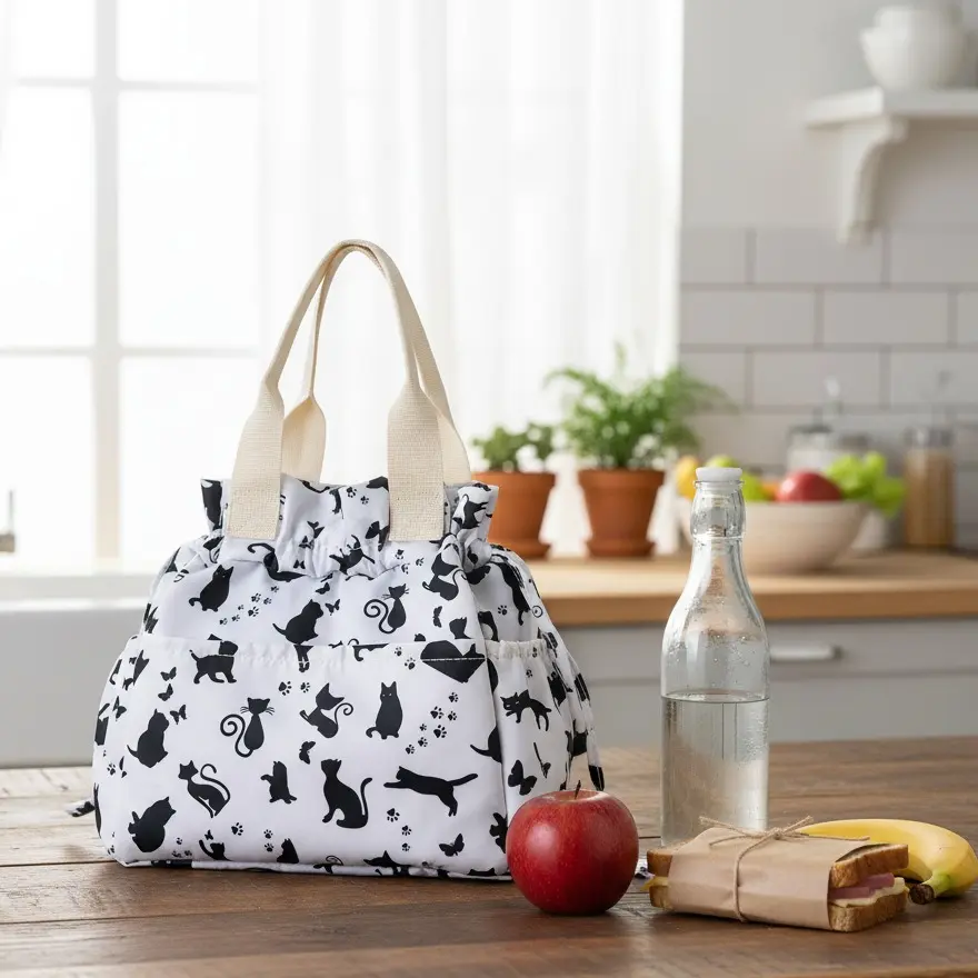 Cute Cat Pattern Thermal Lunch Tote Waterproof Large Capacity Picnic Handbag for Outdoor Activities and Busy Days