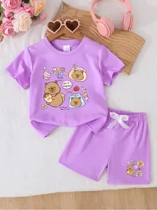 Capybara Girls' Summer 2-Piece Set - Short Sleeve Tee & Shorts Outfit | Soft & Comfortable Everyday Playwear for School, Parties & Outdoor Activities | Multi-Color Options, Ideal Holiday & Birthday Gift | Baby Girl Clothes
