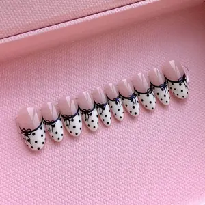 Polka Dot Coquette Press-On Nails – Classic Polka Dot Nails, Black and White French Tip Nail, Cute Ribbon/Bow Set, Elegant Clean Girl Vibe