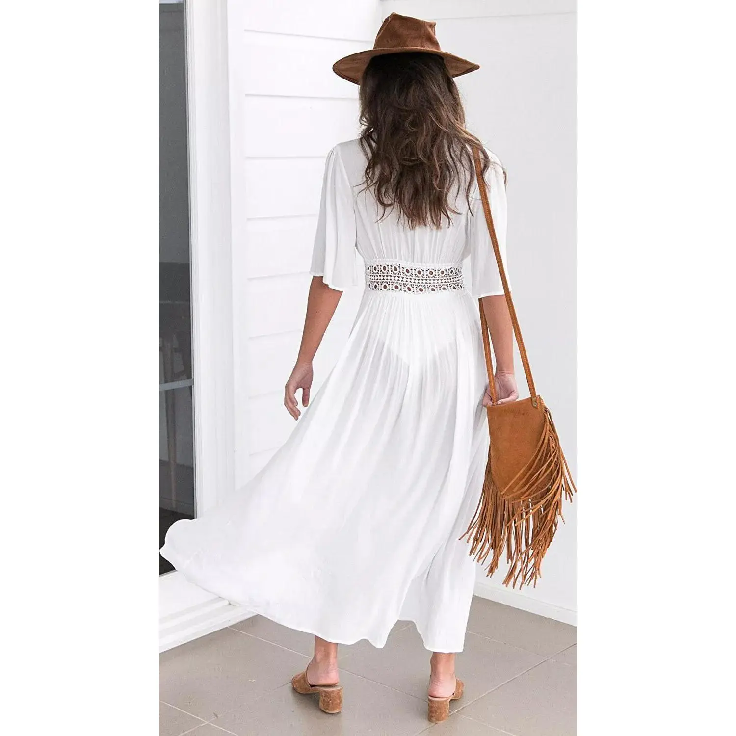 Women's Long Lace Trim Sheer Kimono Wrap Tie Front Duster Beach Cover Up
