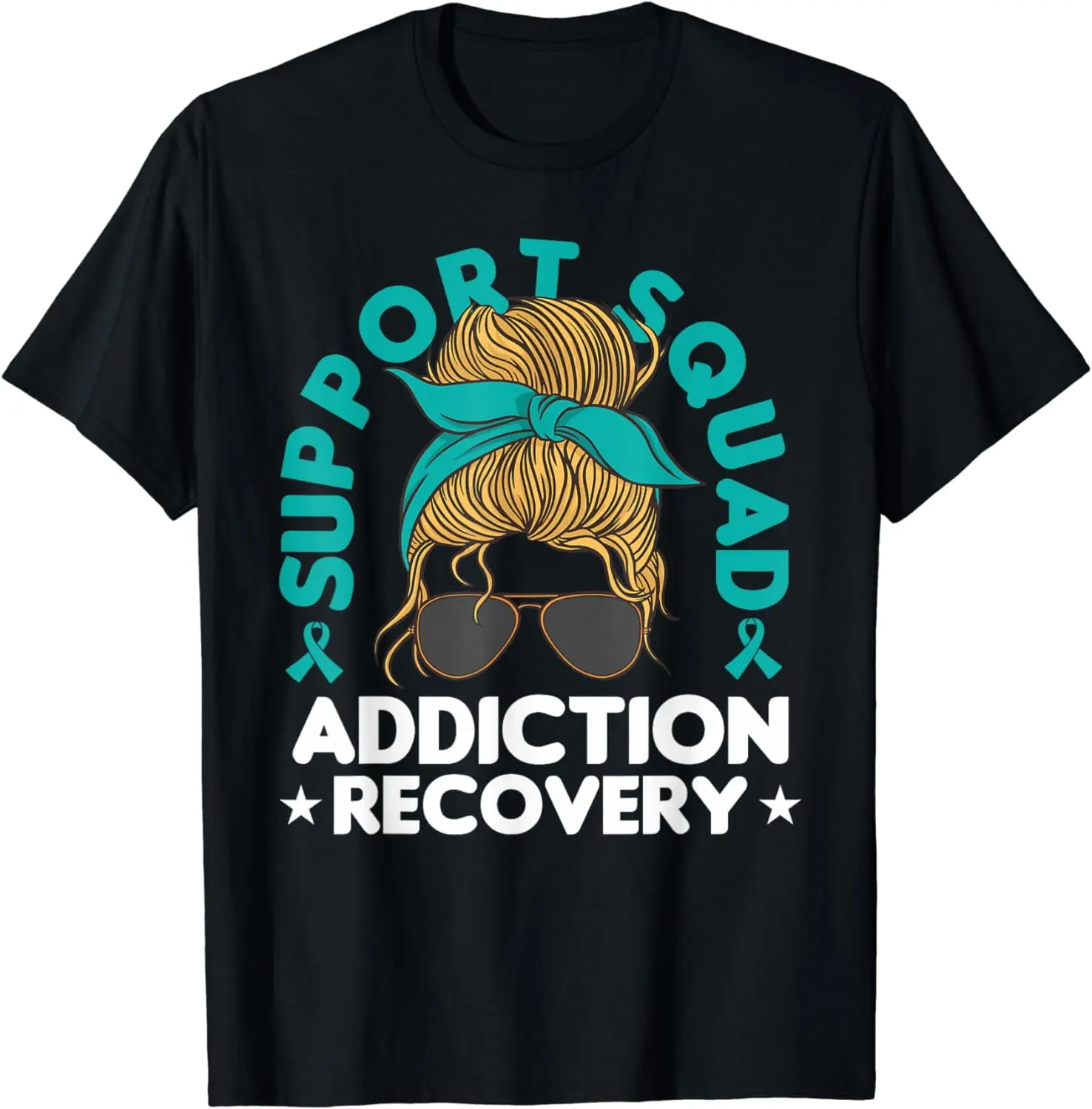 Lady's Casual Short-Sleeve Graphic T-Shirt, Support Squad Addiction Recovery Awareness with Teal Ribbon, Everyday Wear, Shortsleeve, Top, Tshirt, Vintage, Women