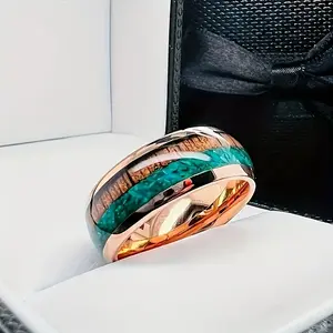 8mm Wide Men Stainless Steel Ring, Curved Dome Resin Inlay Malachite & Acacia Wood Band, Perfect Anniversary Valentine's Day Gift, Premium Jewelry for Partner & Friend Gifting
