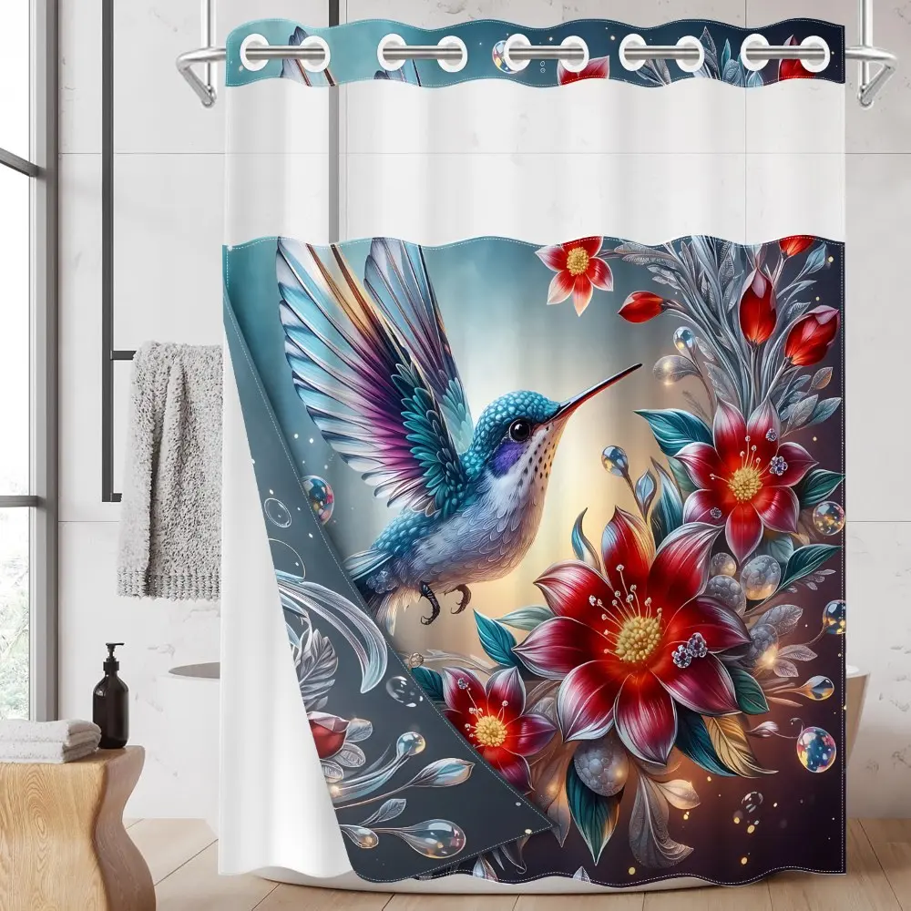 1PC/4PCS 2D Flat Printing Spring Blue-Purple Hummingbird Red Flowers Printed Shower Curtain set with 12 hooks, home bathroom decor, Bathroom Decoration Accessories, non-slip bathroom rug, U-shaped toilet seat cover