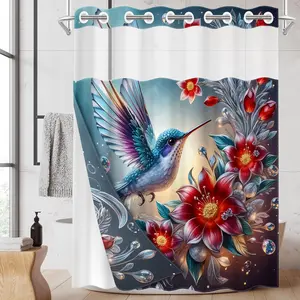 1PC/4PCS 2D Flat Printing Happy Spring Blue-Purple Hummingbird Red Flowers Patterned shower curtain, home bathroom decor, shower curtain set with 12 hooks, non-slip bathroom rug, U-shaped toilet seat cover, toilet seat mat.