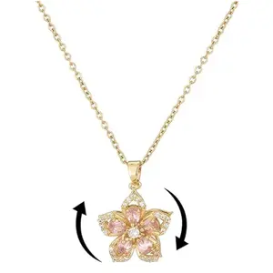 Crystal Cherry Blossom Rotating Pendant Necklace for Women Gold Plated CZ Daisy Flower Anxiety Charms Link Chain Adjustable Necklaces Wedding Birthday Accessories Jewelry 18"