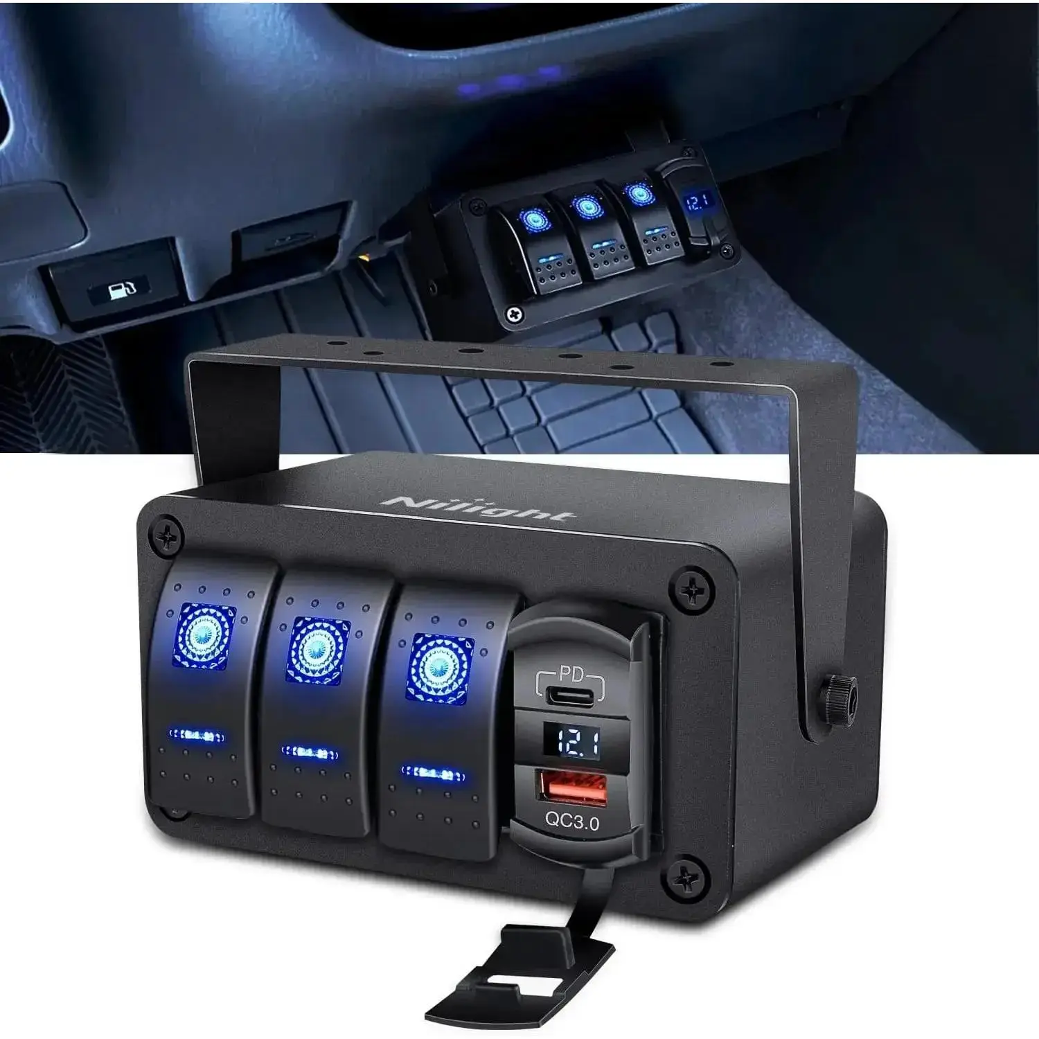 Nilight 3-Gang Blue Rocker Switch Panel with PD Type-C Charger, QC 3.0 USB Charger, and Voltmeter for Home Improvement Electrical Equipment