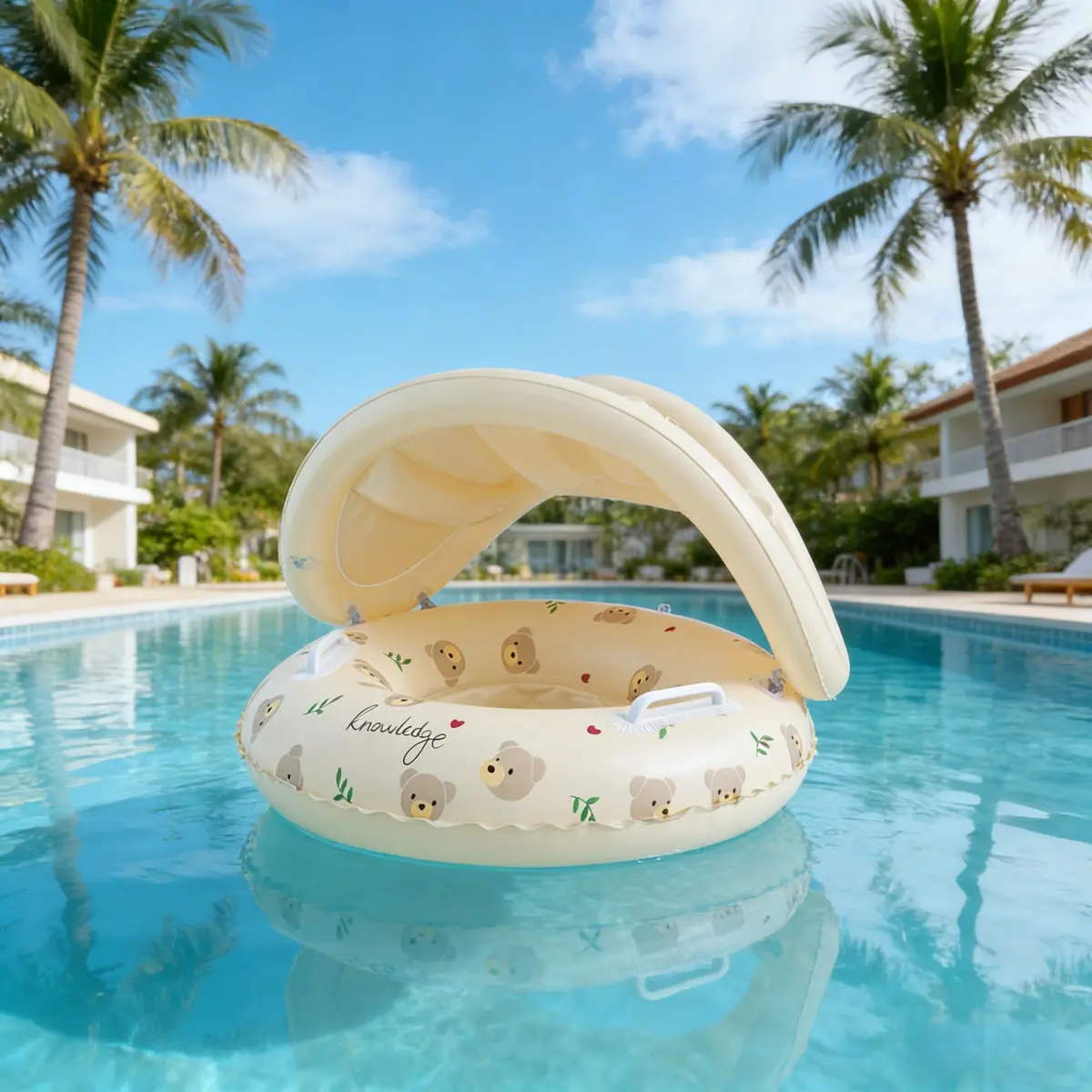 Bear & Rabbit Design Kids Swim Ring with Sun Canopy & Handles, INS Style Inflatable Float, Sunshade Baby Swim Ring & Floating Mat, Perfect for Beach Trips & Pool Parties, Pool Floaties, Pool Inflatables