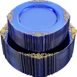 20-Piece Retro Gold Blue Plastic Tableware Set, 10 Salad Bowls & 10 Dinner Plates, Multi-Use Party Supplies for Birthdays Weddings Holidays
