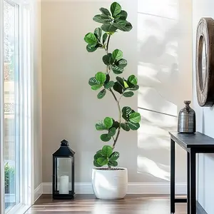 S-Shape Artificial Fiddle Leaf Fig Tree, Fake Plant with Black Nursery Planter, Faux Ficus Tree for Home Office Living Room Decor