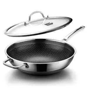 Wok pan,Hybrid 12 inch Wok with Lid, PFOA Free Cookware,non stick Stainless Steel Woks & Stir-fry pans Nonstick, Dishwasher and Oven Safe, Works on Induction