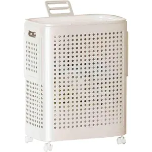 Rolling Laundry Hamper with Lid, 70L Perforated Basket with Wheels, Bin with Handle, White (Medium 58L)