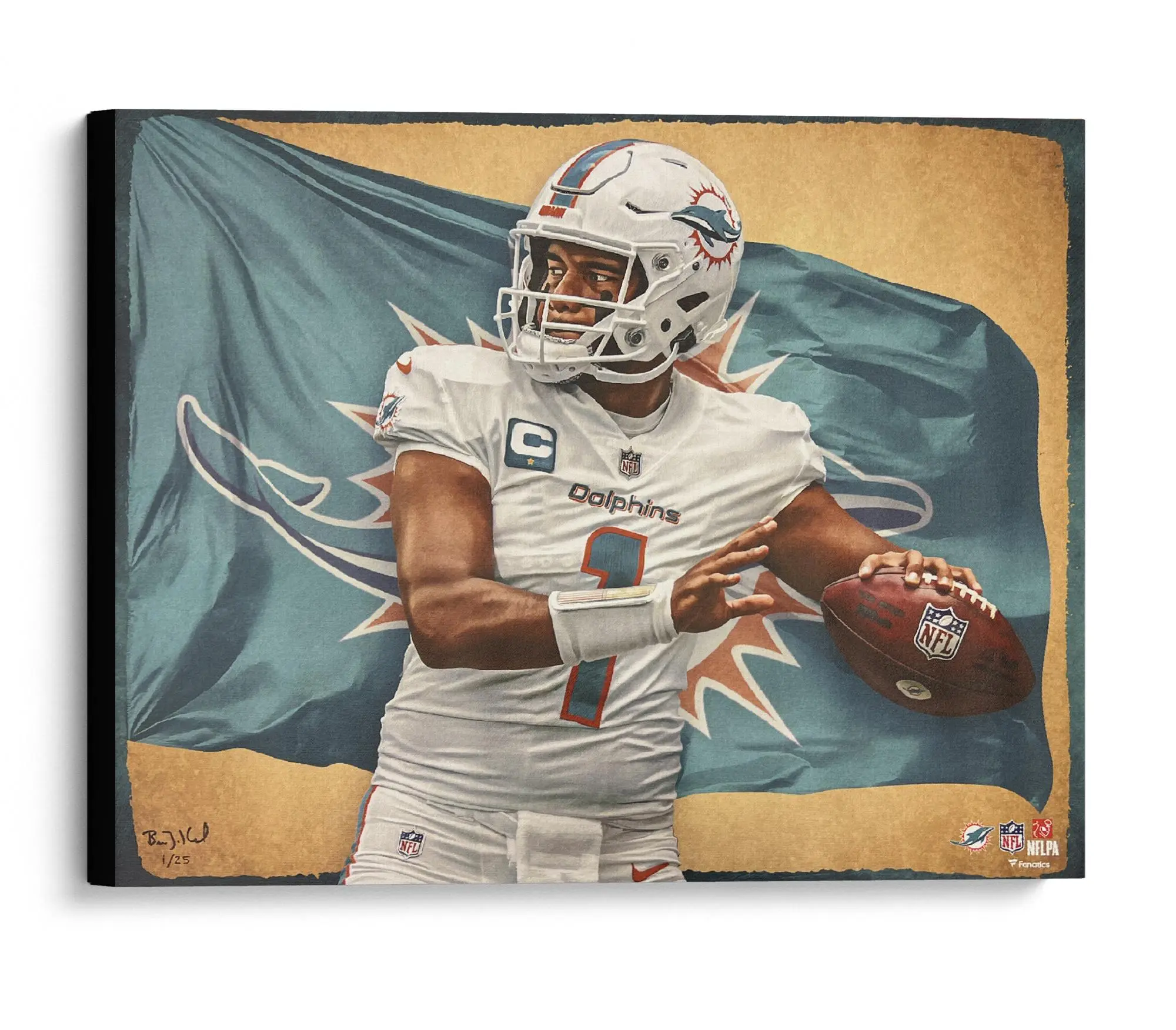 Tua Tagovailoa Miami Dolphins Stretched 20" x 24" Canvas Giclee Print - Designed and Signed by Artist Brian Konnick - Limited Edition 62 - Fanatics Authentic Certified