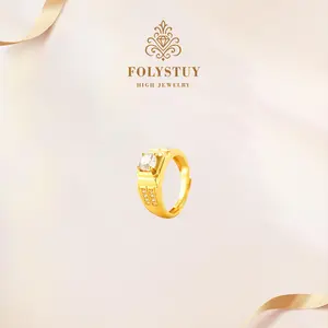 FOLYSTUY YNZ18 Classic Engagement Style Ring - Gold Plated Wide Band with Four-Prong Set CZ & Side Stone Detailing, Elegant Adjustable Promise Ring