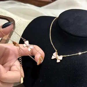 Exquisitely Crafted Micro-Inlaid Sweet Bow Necklace For Girls, Light Luxury Style, Fashionable And Elegant Butterfly Jewelry Set