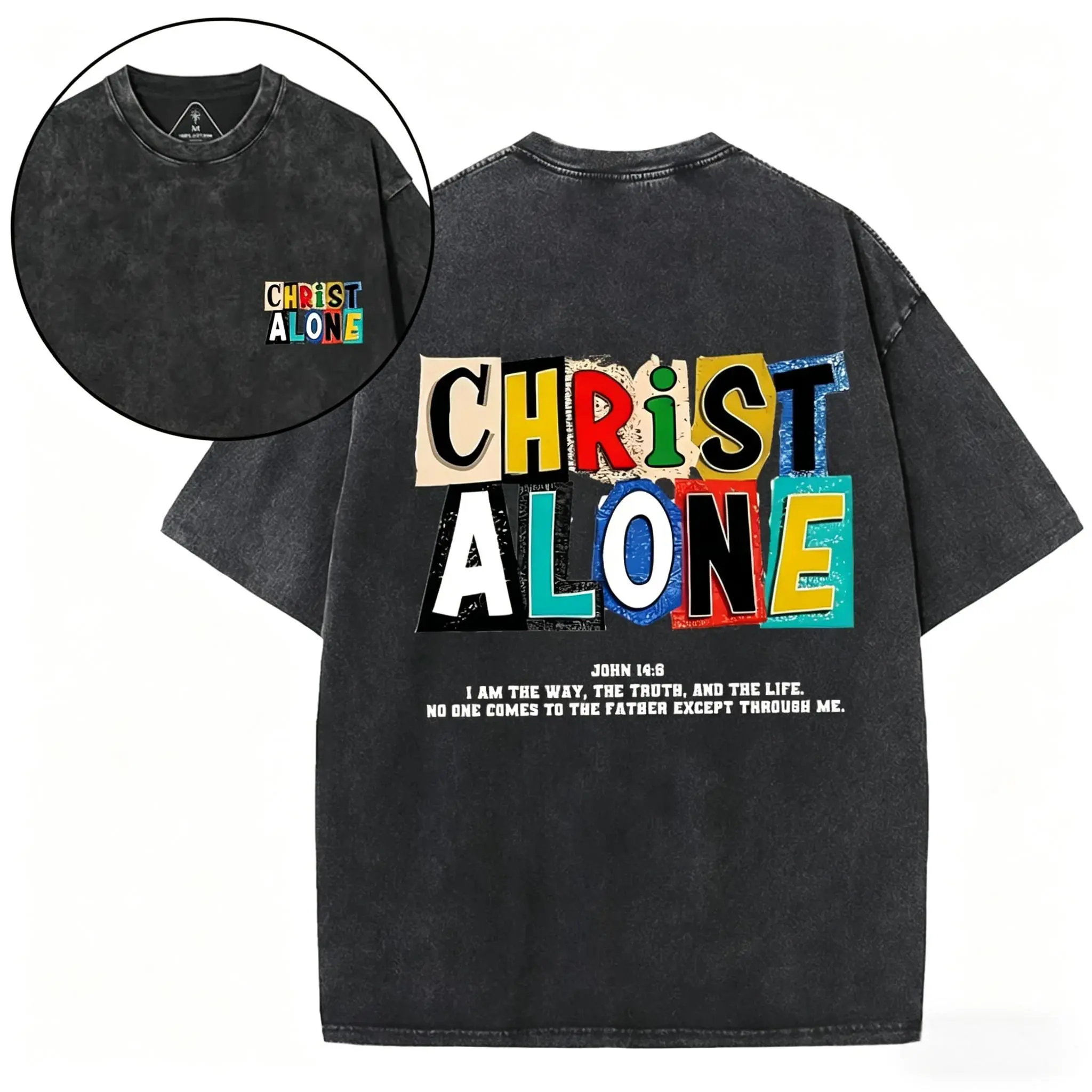Retro Faded Double-Sided "Christ Alone" Colorful Collage Christian Graphic T-Shirt | Heavyweight Cotton Oversized Y2K Aesthetic Streetwear Unisex Tee