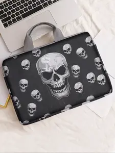 Halloween Skull Print Notebook Bag, Soft Laptop Sleeve, Fits Laptops & Tablets, Zippered Storage Pouch, All-Season Casual Style