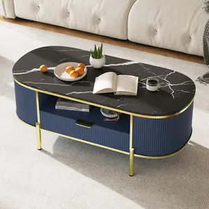 48in Oval Coffee Table, Modern Fluted Coffee Center Tables with Storage Drawer Faux Marble Top and Gold Metal Legs for Living Room