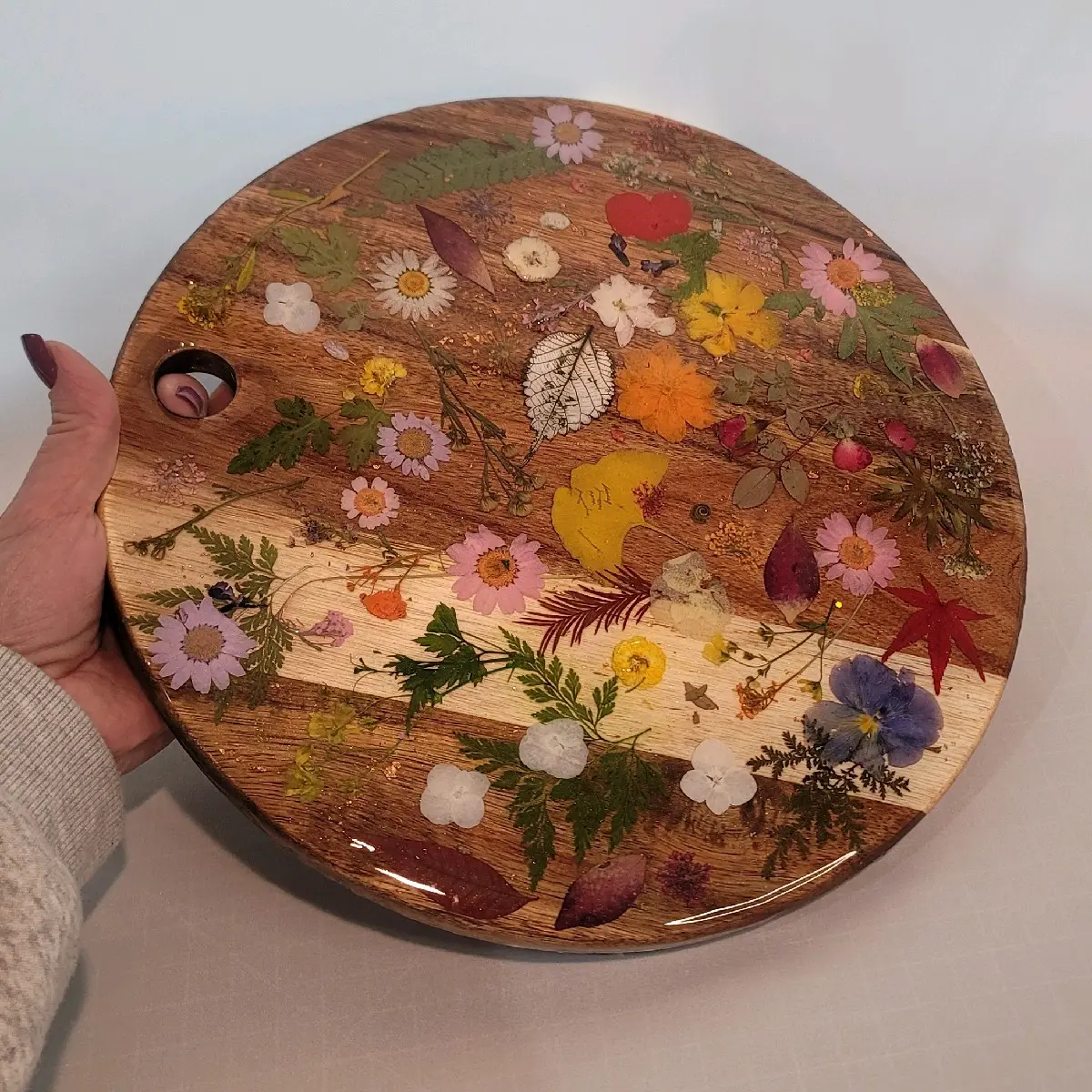 Handmade Wooden Display Tray with Pressed Flowers