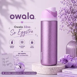 Owala 32oz FreeSip So Eggstra Insulated Leak Proof Water Bottle Glitter Purple Travel Tumbler