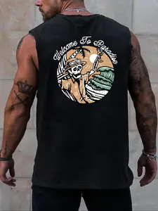 Men's Regular Fit Skull Print Round Neck Tank Top, Casual Comfy Sleeveless Top, Sleeveless Shirt for Summer, Fashion Men's Clothes for Outdoor Wear, Casual Tank Tops, Fitness Tank Top, Socks